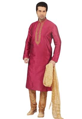 Pink embroidered art dupion silk kurta-pajama 1