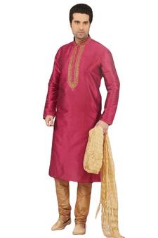 Pink embroidered art dupion silk kurta-pajama