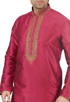 Pink embroidered art dupion silk kurta-pajama 2