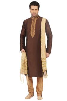 Brown embroidered art dupion silk kurta-pajama