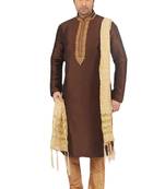 Brown embroidered art dupion silk kurta-pajama