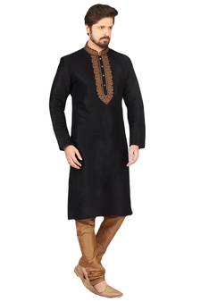 Black embroidered art dupion silk kurta-pajama