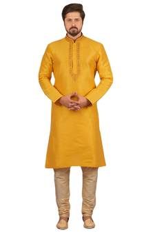 Yellow embroidered art dupion silk kurta-pajama
