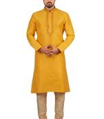 Yellow embroidered art dupion silk kurta-pajama