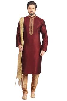 Maroon embroidered art dupion silk kurta-pajama