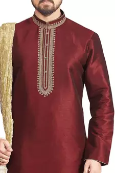 Maroon embroidered art dupion silk kurta-pajama