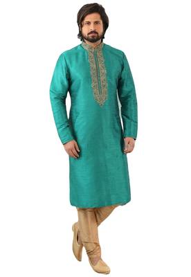 Green embroidered art dupion silk kurta-pajama 1