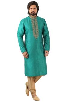 Green embroidered art dupion silk kurta-pajama