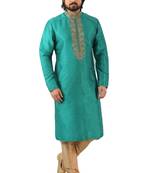 Green embroidered art dupion silk kurta-pajama