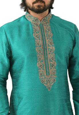 Green embroidered art dupion silk kurta-pajama 2