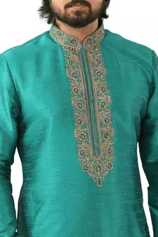 Green embroidered art dupion silk kurta-pajama