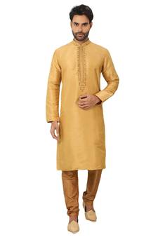 Yellow embroidered art dupion silk kurta-pajama