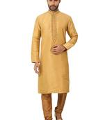 Yellow embroidered art dupion silk kurta-pajama