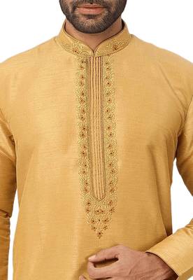 Yellow embroidered art dupion silk kurta-pajama 2