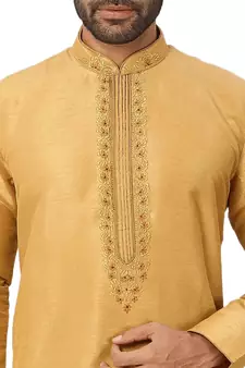 Yellow embroidered art dupion silk kurta-pajama