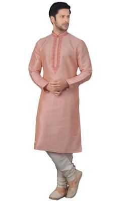 Pink embroidered art dupion silk kurta-pajama 1