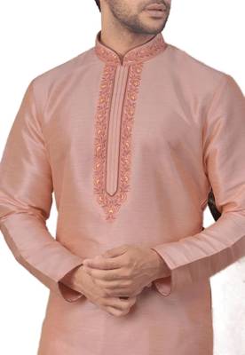 Pink embroidered art dupion silk kurta-pajama 2