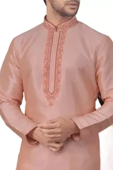 Pink embroidered art dupion silk kurta-pajama