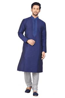 Blue embroidered art dupion silk kurta-pajama
