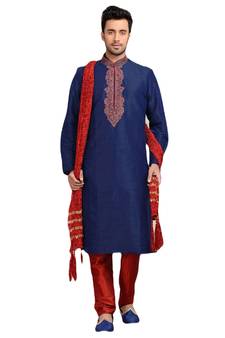 Blue embroidered art dupion silk kurta-pajama