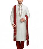 White embroidered art dupion silk kurta-pajama
