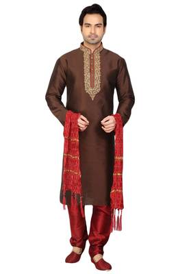 Brown embroidered art dupion silk kurta-pajama 1