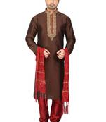 Brown embroidered art dupion silk kurta-pajama