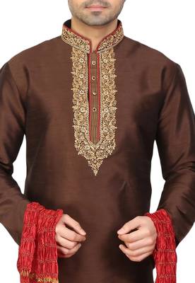 Brown embroidered art dupion silk kurta-pajama 2