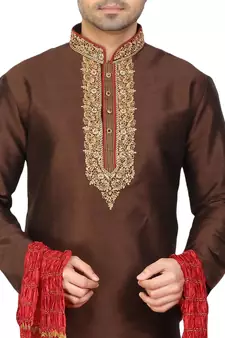 Brown embroidered art dupion silk kurta-pajama