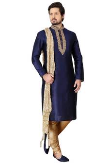 Blue embroidered art dupion silk kurta-pajama