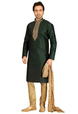 Green embroidered art dupion silk kurta-pajama 1