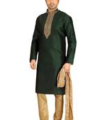Green embroidered art dupion silk kurta-pajama