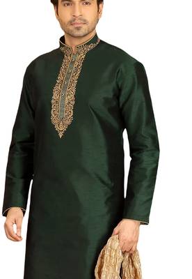 Green embroidered art dupion silk kurta-pajama 2