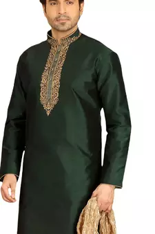 Green embroidered art dupion silk kurta-pajama