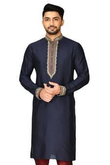 Blue embroidered art dupion silk kurta-pajama