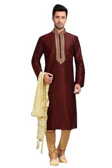 Brown embroidered art dupion silk kurta-pajama