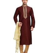 Brown embroidered art dupion silk kurta-pajama