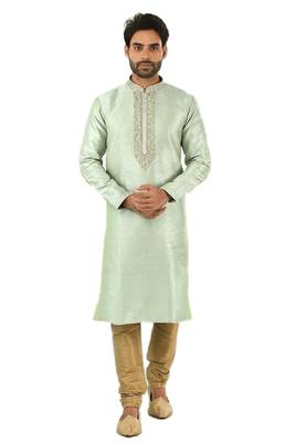 Green embroidered art dupion silk kurta-pajama 1