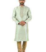 Green embroidered art dupion silk kurta-pajama