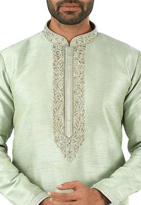 Green embroidered art dupion silk kurta-pajama 2