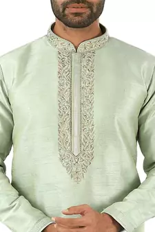 Green embroidered art dupion silk kurta-pajama