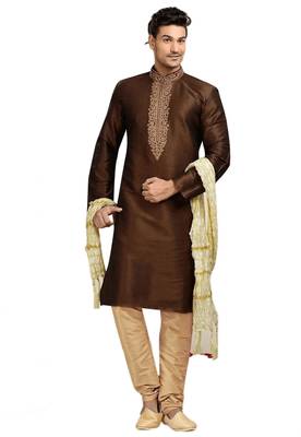 Brown embroidered art dupion silk kurta-pajama 1