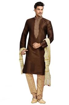 Brown embroidered art dupion silk kurta-pajama