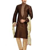 Brown embroidered art dupion silk kurta-pajama