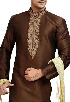 Brown embroidered art dupion silk kurta-pajama 2