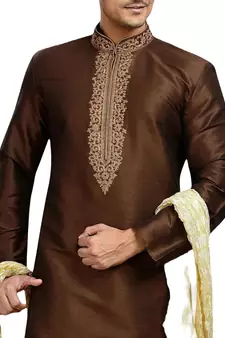 Brown embroidered art dupion silk kurta-pajama