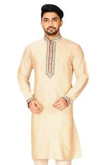 Fawn embroidered art dupion silk kurta-pajama
