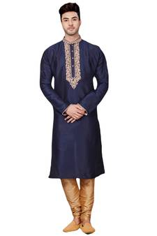 Blue embroidered art dupion silk kurta-pajama