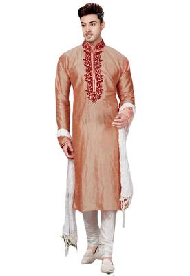 Pink embroidered art dupion silk kurta-pajama 1