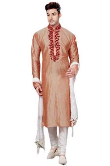 Pink embroidered art dupion silk kurta-pajama